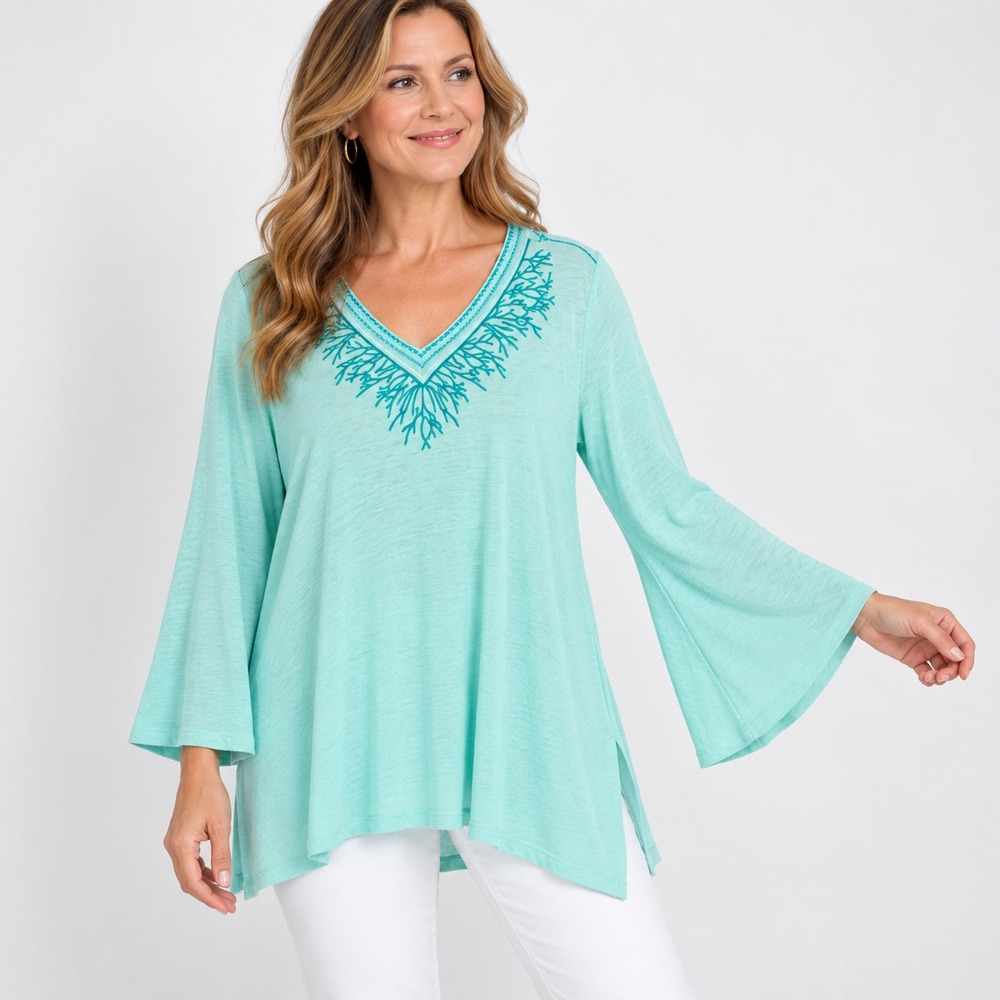 Chicos Bell Sleeve Linen Tunic Top 4 XXL Green Embroidered V Neck Stretch Knit